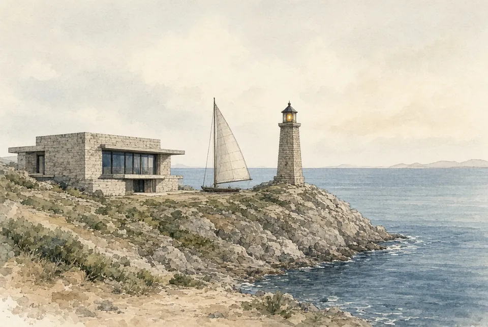 Watercolour of a stone house, a sailing boat and a lighthouse on a rocky point by the sea.
