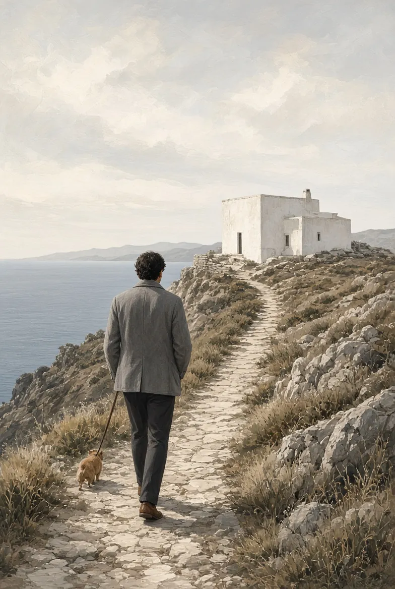 Watercolour of a man walking a dog along a stony coastal path towards a small white building above the sea.
