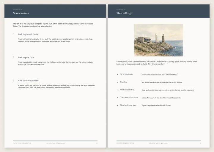 Two companion pages: Seven mirrors, and The challenge with a watercolour of a lighthouse and a stone house by the sea.